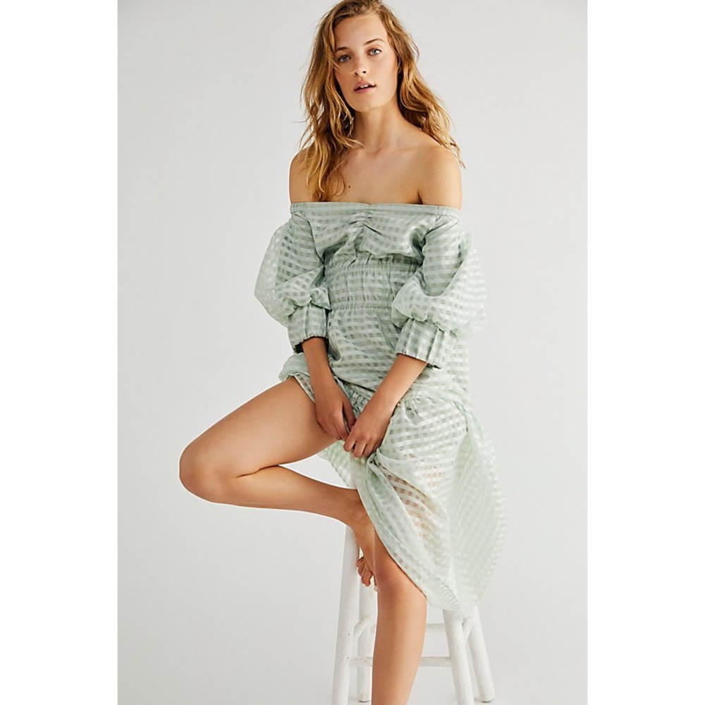 Free People x Mare Mare Molly Midi Dress Mint Gingham Print Puff Sleeves Medium